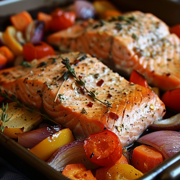 Baked Salmon with Roasted Vegetables for PCOS