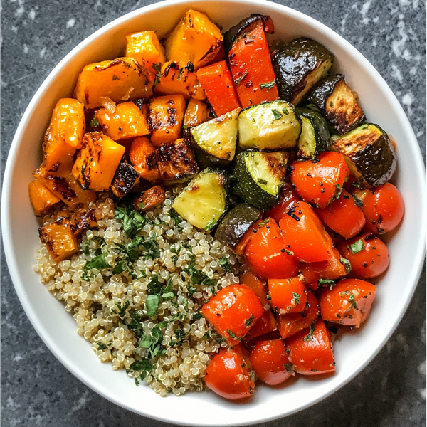 Easy Meal Prep Vegetarian PCOS Dinner - Quinoa and Roasted Veggie Bowl